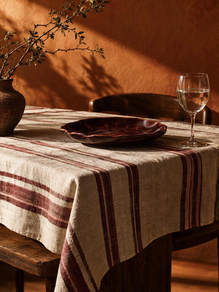 Ambientação digital de mesa com toalha listrada e louça em tom vinho